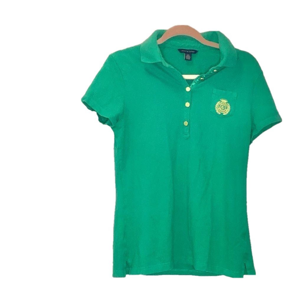 🌷 Tommy Hilfiger🌷 Vintage Bright Green Polo Shirt With Gold Embroidered Logo